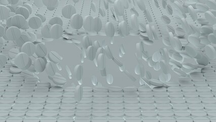 Large number of white tablets falling into a deep broken area in structured pill grid forming an abstract medical background with sense of collapse and disorder