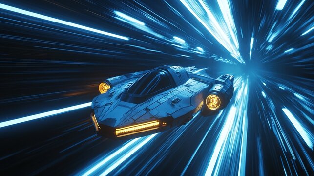 Futuristic spacecraft flying through a hyper-speed tunnel at night with glowing lights