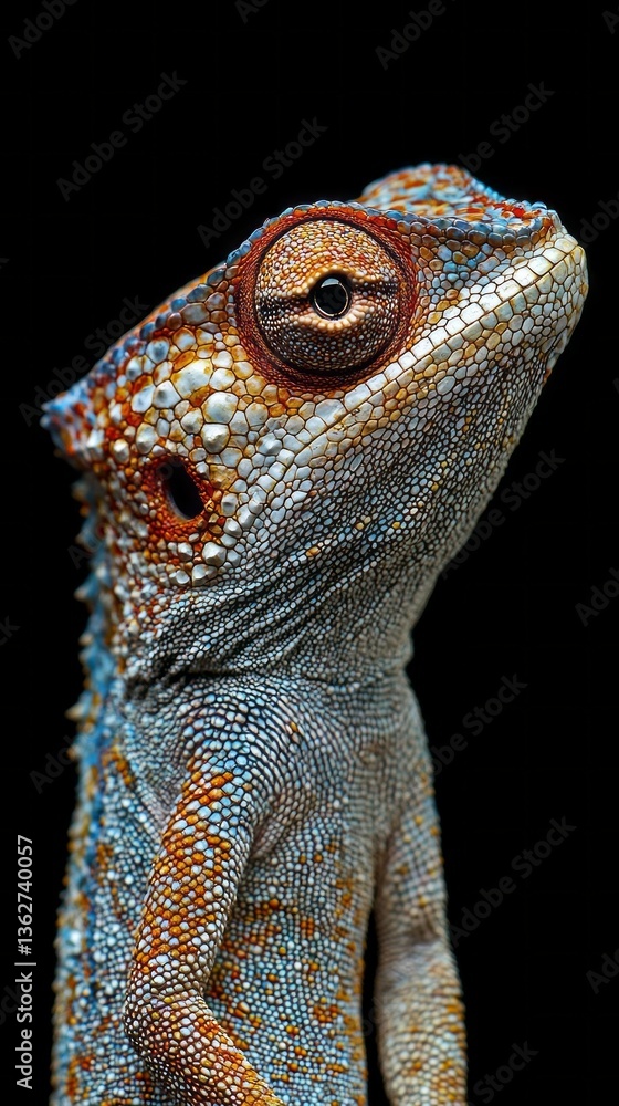 Poster a vibrant lizard stands poised, showcasing its detailed scales and striking colors, surrounded by da