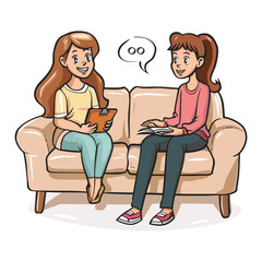 Two Friends Chatting on a Couch – Cartoon Style