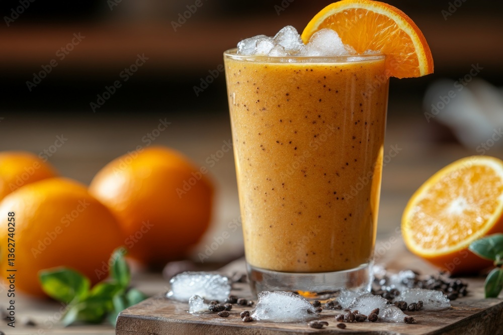 Poster refreshing orange smoothie with ice served in a clear glass on a wooden table with fresh oranges in 