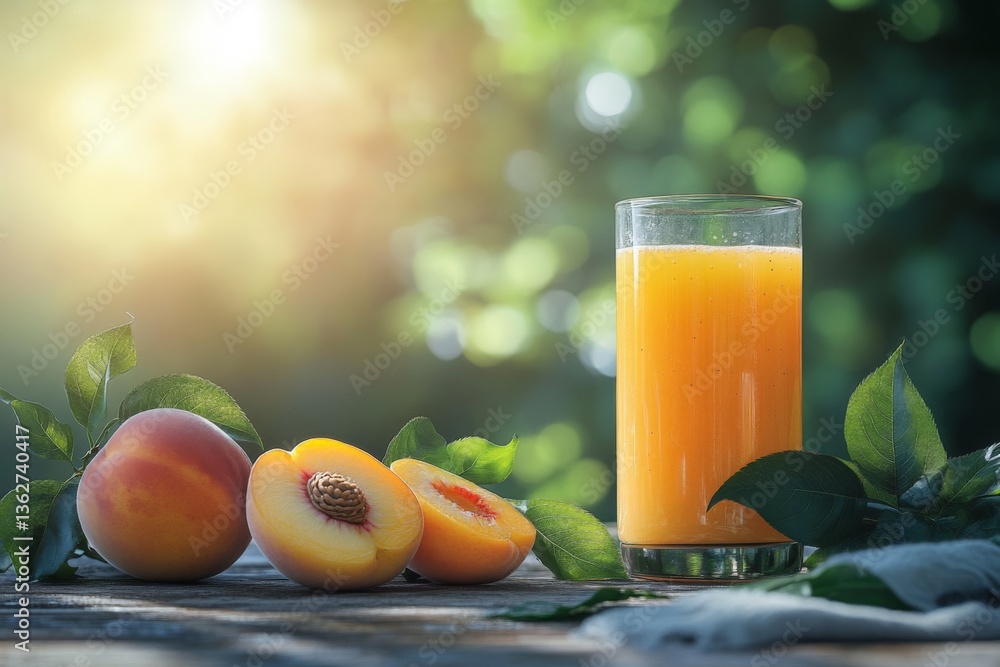 Poster fresh peach juice with ripe peaches on a wooden table in a sunlit garden during summer