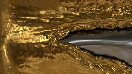 Flowing gold surface bending into a dark liquid metallic cavity with high contrast textures and abstract reflective waves in horizontal composition