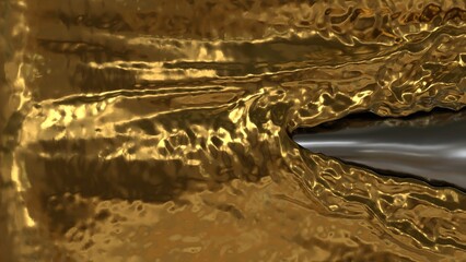 Shiny golden textured surface flowing into narrow dark metallic channel forming abstract horizontal design with dynamic reflective ripples
