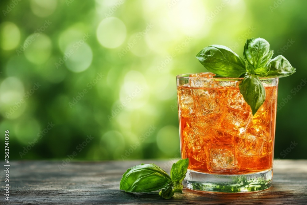 Poster refreshing drink with ice and basil in a natural setting during daytime