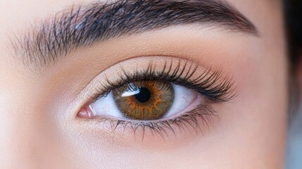 Obraz premium Close-up Detail of a Beautiful Brown Eye with Long Eyelashes and Natural Makeup