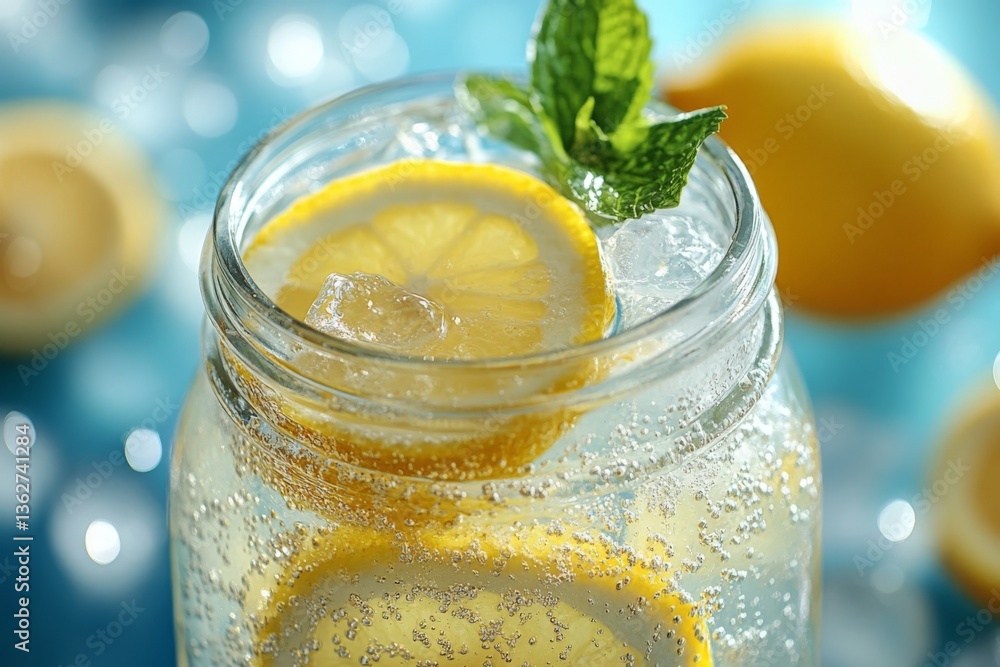 Poster refreshing lemon drink with mint and ice served in a jar on a vibrant blue background