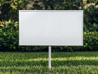 Empty white signboard on grass, a blank canvas for creative ideas and messaging.