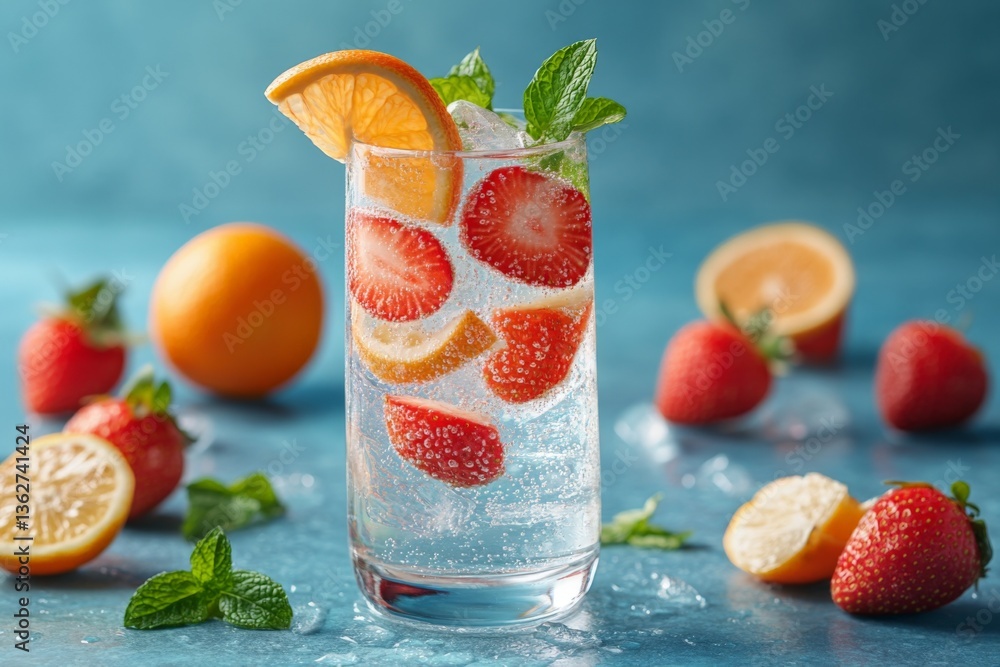 Poster refreshing summer drink with strawberries and citrus garnished with mint leaves in a vibrant setting