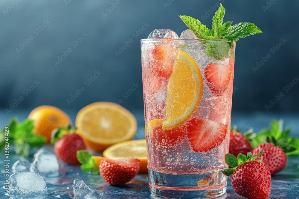 Poster refreshing cold drink with strawberries and lemon served in a glass on a blue table