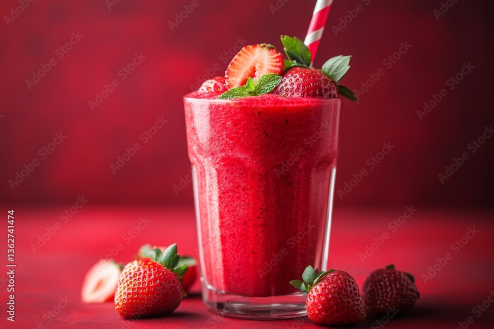 Poster refreshing strawberry smoothie served in a glass with fresh strawberries and mint on a vibrant red b