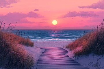 Serene beach path during pink and purple sunset