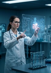 Medical professional interacting with futuristic holographic interface for anatomy and research