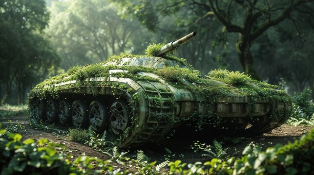 Abandoned military tank completely overgrown with lush green vegetation in serene forest setting, symbolizing nature's reclamation of abandoned warfare technology.