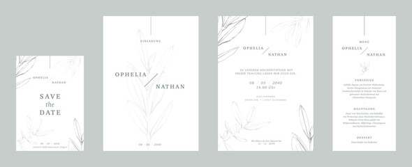 Hochzeitseinladung Set aus Save the date, Einladungskarten und Men&uuml;, minimalistisch mit Olivenzwei als Vektor