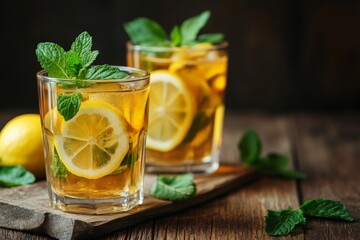 Fototapeta premium Refreshing mint lemon drink served in two glasses on wooden table with lemon and mint leaves