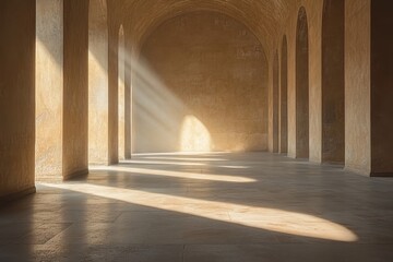 Empty hallway with soft sunlight creating geometric shadows on floor