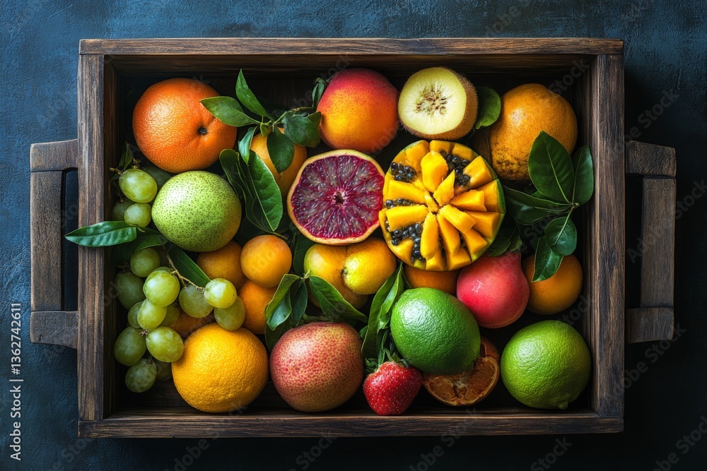 Poster fresh assortment of colorful fruits displayed in a wooden tray on a dark background during daylight