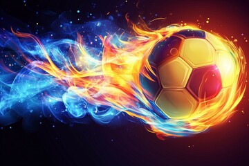 Fiery soccer ball with vibrant flames soaring against a dark background, perfect for sports event banners.