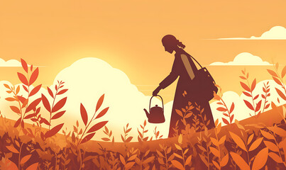 Illustration of matcha tea leaves, harvesting, processing, traditional tools, tea ceremonies, matcha beverages, desserts, and green tea plantations on a white background.