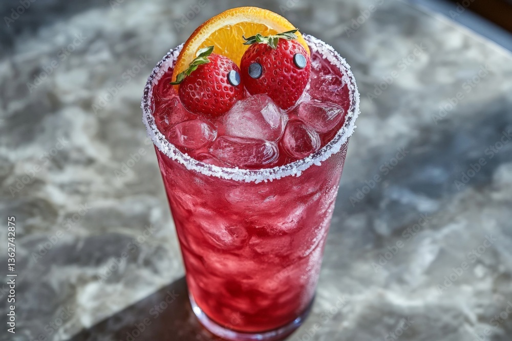 Poster refreshing berry cocktail served on a stylish countertop with ice and garnished with strawberries an