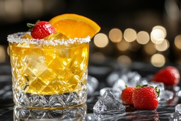 Fresh cocktail garnished with orange and strawberries served on a stylish bar counter