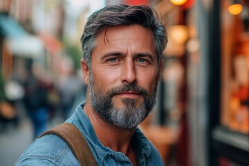 Obraz premium Portrait of a confident mature man with gray hair and beard in urban background