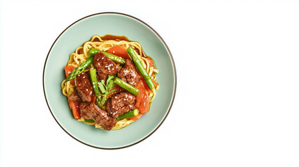 Delicious stir fry with asparagus and beef on colorful plate for culinary inspiration