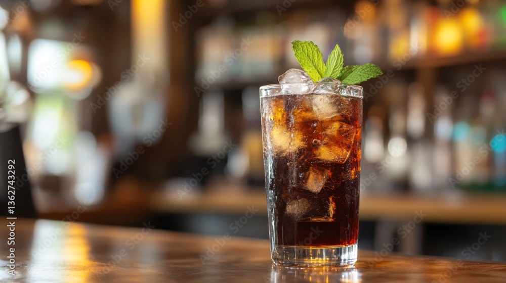 Aufkleber a refreshing soda with ice and a mint leaf garnish, placed on a bar counter.