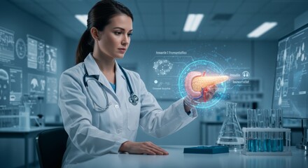 Medical professional analyzing 3d pancreas hologram in advanced laboratory setting