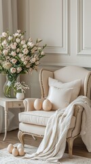 A serene space features a plush armchair draped with a cozy blanket, beautified by a bouquet of pastel flowers. Elegant decor and soft hues create a warm atmosphere perfect for relaxation