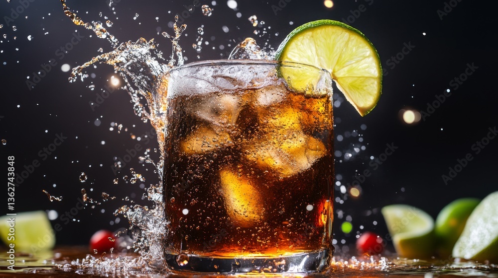 Poster a refreshing soda with ice, lime wedges, and a splash of carbonation captured in motion.