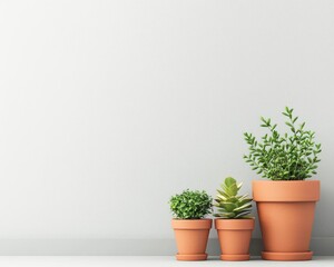 Fototapeta premium Cleanly arranged terracotta pots with monochrome plant selections, minimalist balcony garden