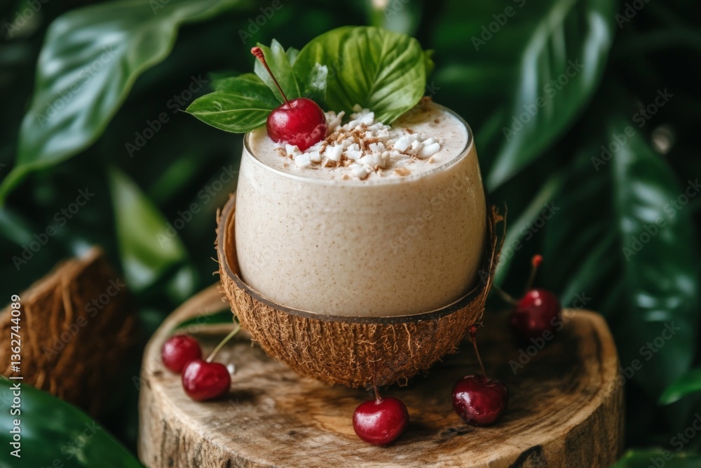Aufkleber delicious coconut smoothie topped with cherry and nuts in a tropical setting surrounded by lush gree