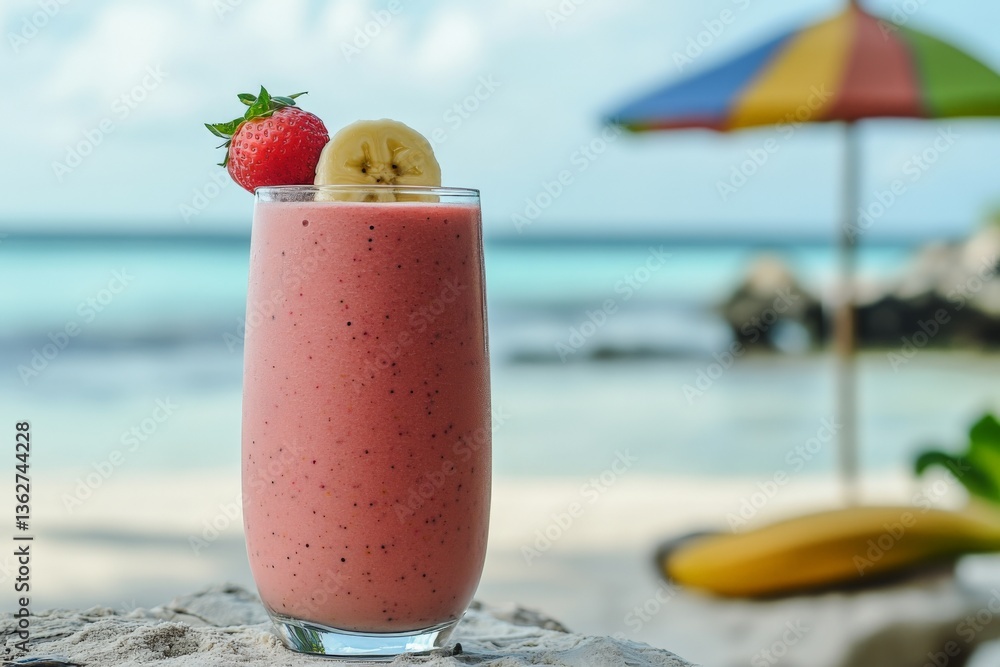 Poster refreshing smoothie served at the beach with colorful umbrella in the background during a sunny day