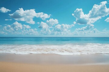Fototapeta premium Sunny tropical beach with white sand and turquoise ocean under blue sky
