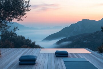 Infinity pool overlooking ocean and mountains during golden hour