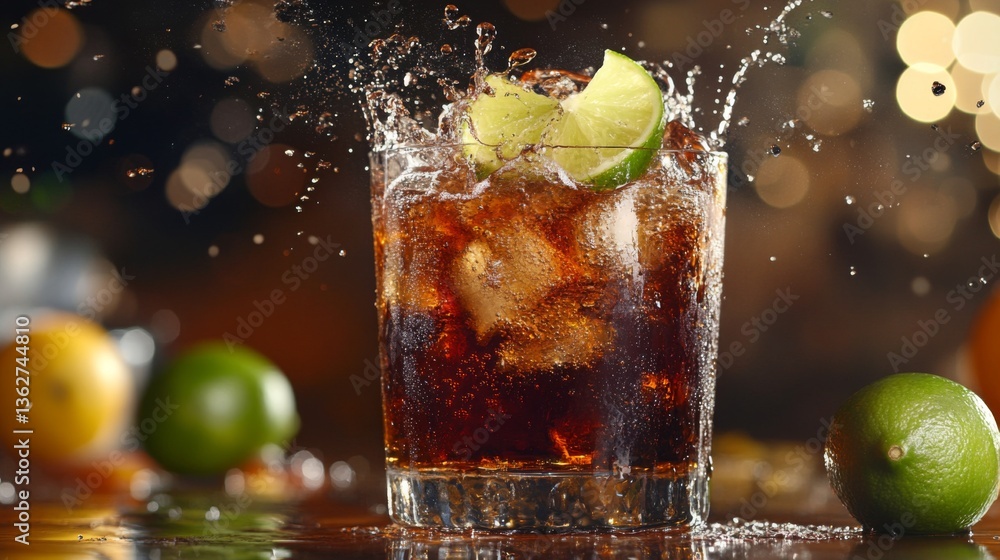 Poster a refreshing soda with ice, lime wedges, and a splash of carbonation captured in motion.