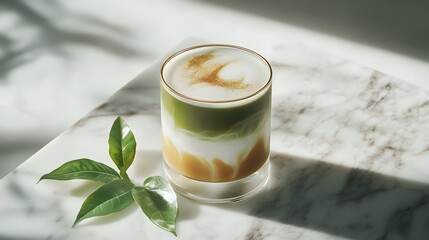 Layered iced matcha latte in a modern glass cup