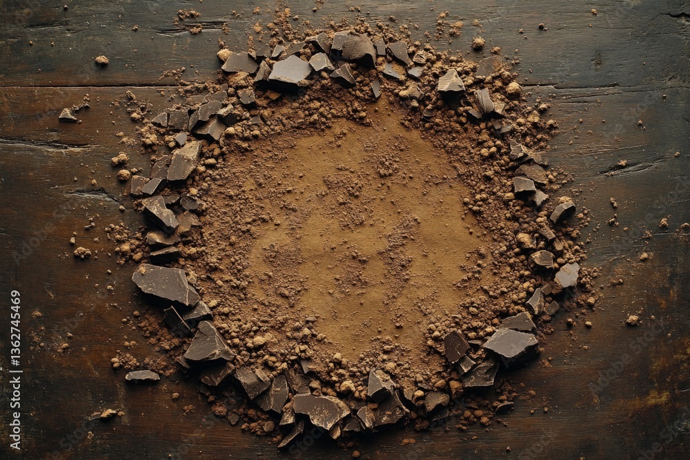 Poster cacao powder and chocolate pieces arranged in a circular pattern on a wooden surface