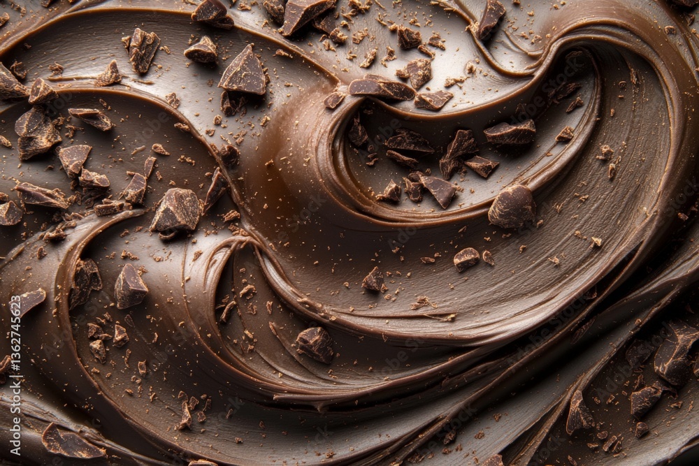 Poster smooth and rich melted chocolate swirls with dark chocolate shavings on a textured surface