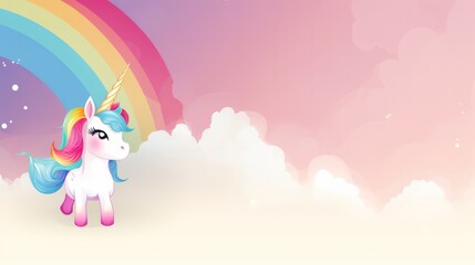 Illustration of adorable smiling unicorn sitting with rainbow, clouds, perfect for children's project