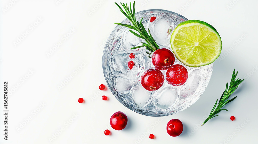 Poster refreshing cranberry and rosemary gin with lime and ice cubes