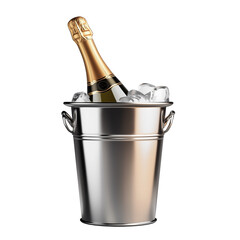 metal ice bucket with champagne bottle, isolated on white background