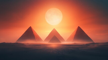 Stunning view of pyramids under an orange sunset sky over the desert landscape.