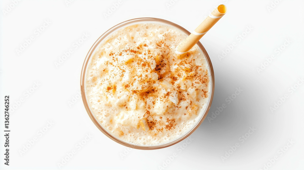 Poster Creamy dates and coconut smoothie with cinnamon garnish on white background