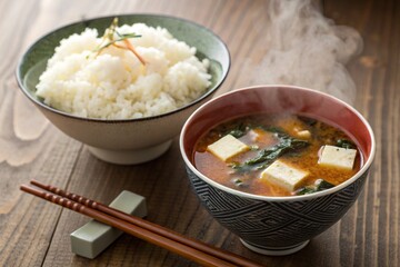 A bowl of rice and miso soup