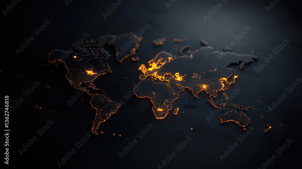 Poster glowing world map at night 3d render