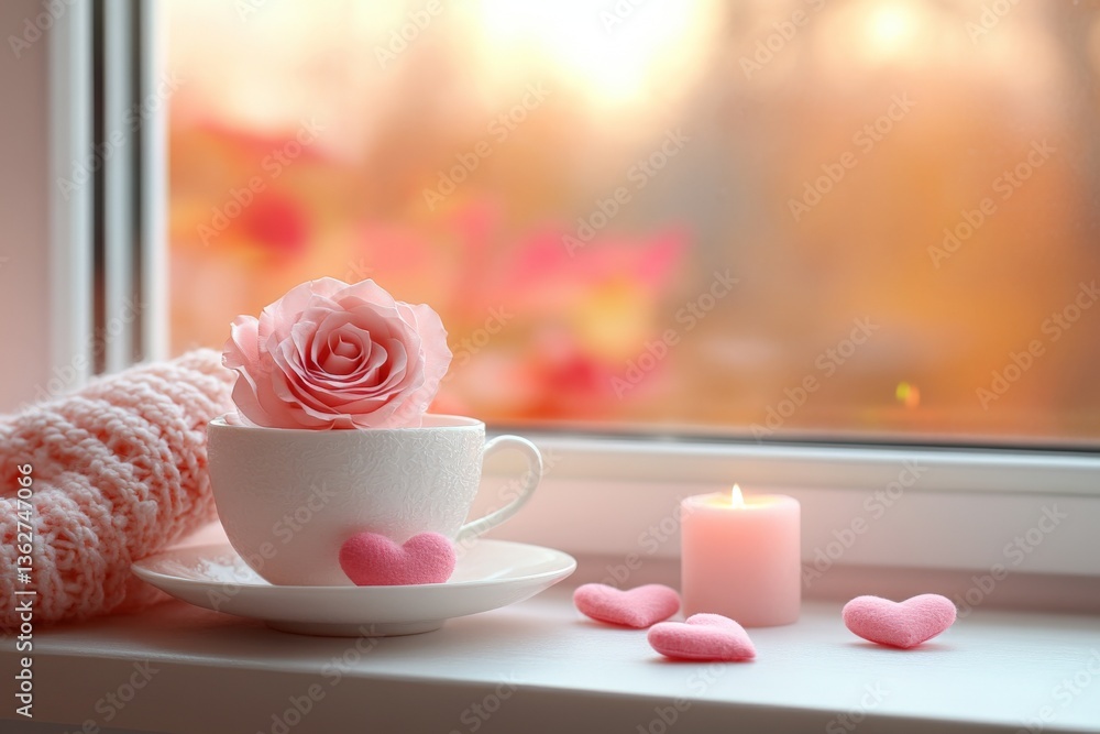 Poster warm cup by the window with a rose, hearts, and soft candlelight creating a cozy atmosphere