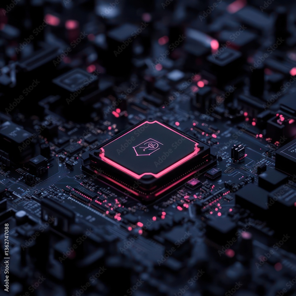 Poster glowing pink cpu on dark circuit board